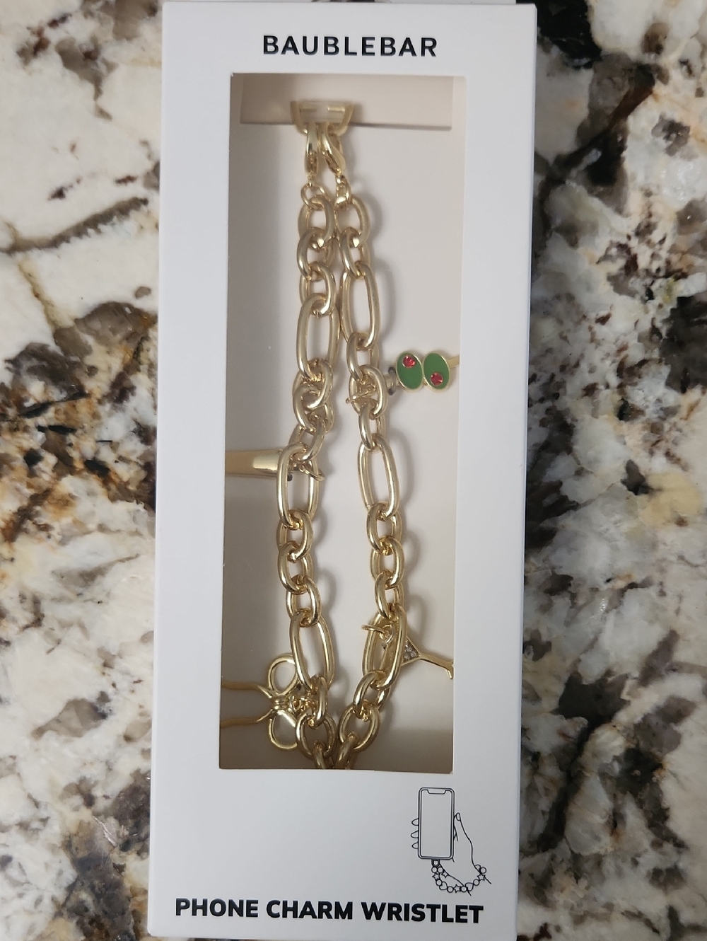 BaubleBar Gold Chain Phone Wristlet with Martini, Olives, Etc Charms NIB